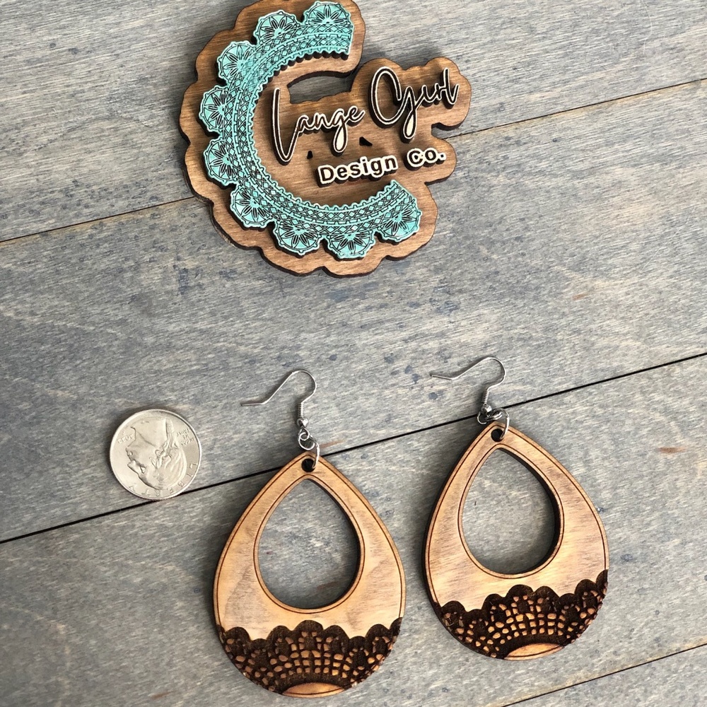 Delicate Lace Engraved Wood Cutout Teardrop Earrings